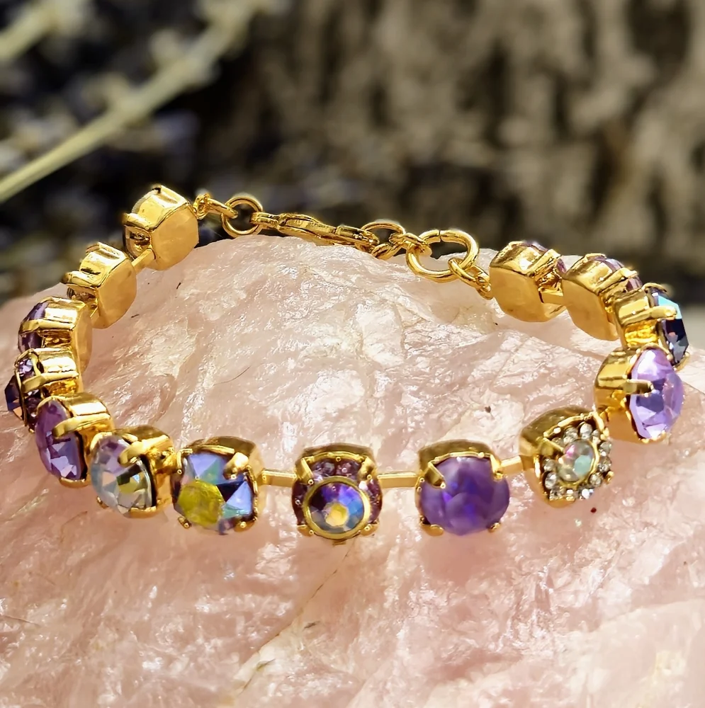 Lavender Violet &  Flower Crystals AB In Classic Tennis Gold Plated Bracelet